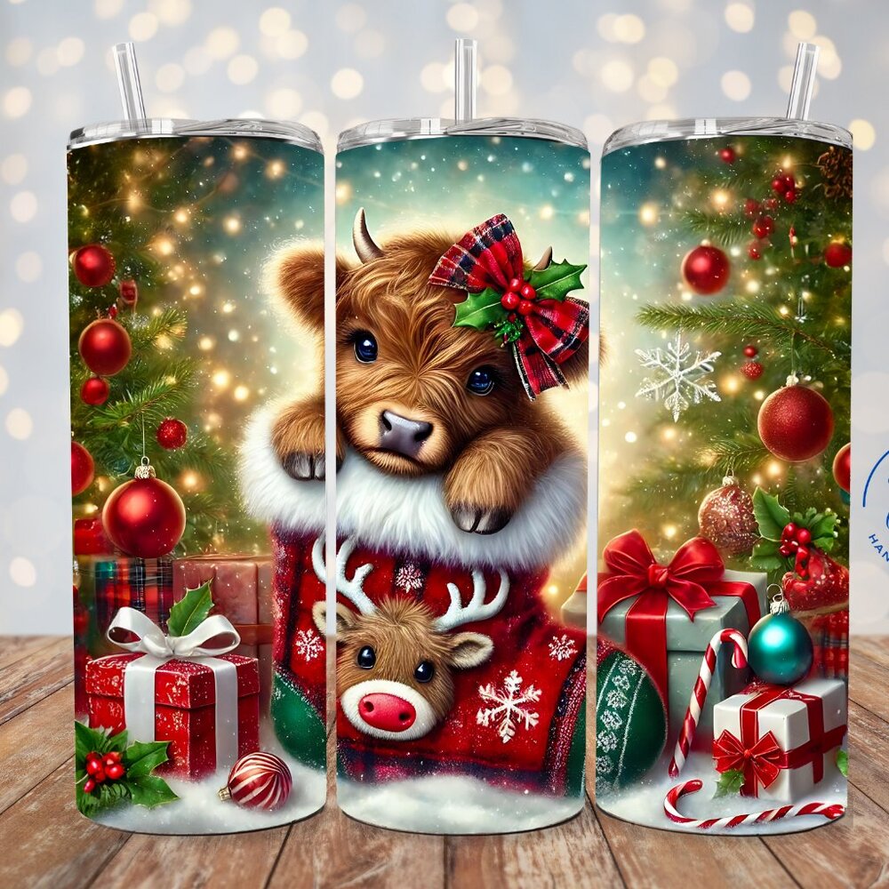 Christmas Highland Tumbler, Cute Highland Cow Christmas Tumbler